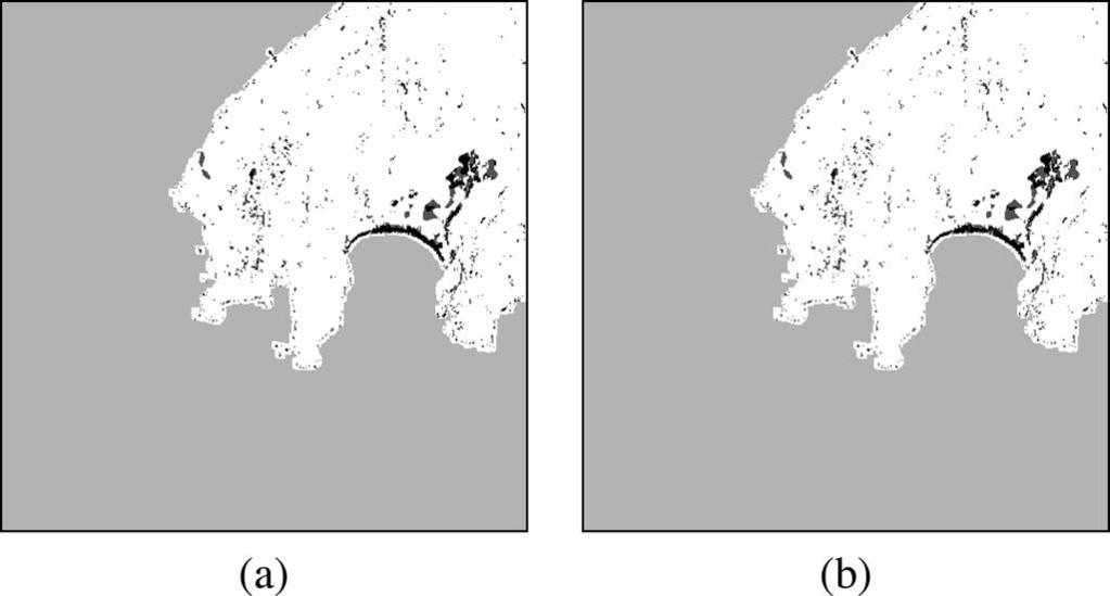 Change-detection maps obtained on split A with (a) the MTEP and (b) the proposed Med-SBA (the narrow strip of unchanged pixels between the area of change and the sea mask is due to the unchanged sea
