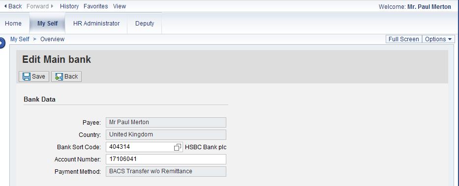 From here you can update your sort code and account number, and click Save at the top of the page. Your bank name (e.g. HSBC) will automatically update.