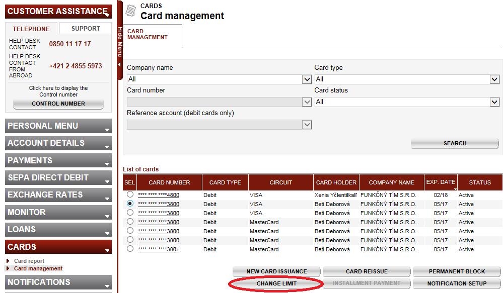 21 of 39 8. IS IT POSSIBLE TO CHANGE A LIMIT ON THE CARD IN INBIZ? To change a limit on the card is possible via the Card management functionality in the section CARDS.