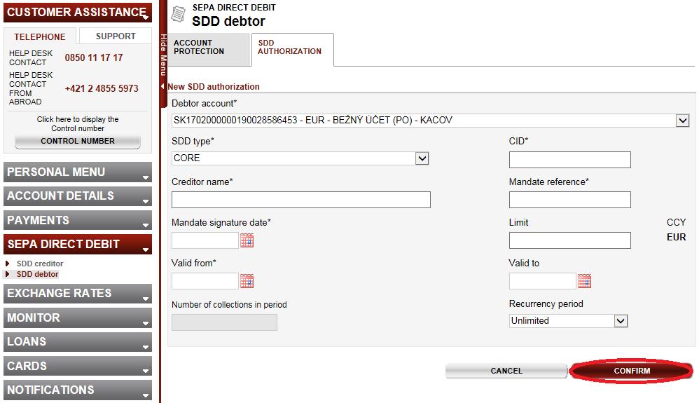 27 of 39 After filling out the parameters save the SDD authorization by clicking on the CONFIRM button.
