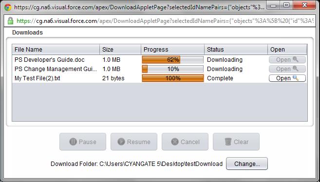 You can see the progress; pause, resume, cancel or clear the downloads and change the download target folder from