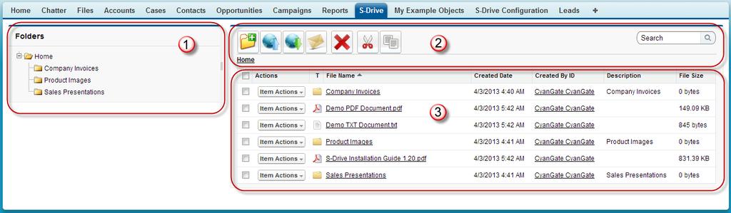 A. S-Drive Folders Screen S-Drive Folders screen is mainly divided into three panels. Let's first learn more about S-Drive Folders screen: 1.