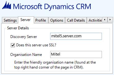 Serverconnection The specific connection details to the CRM server need to be set on the Server tab.