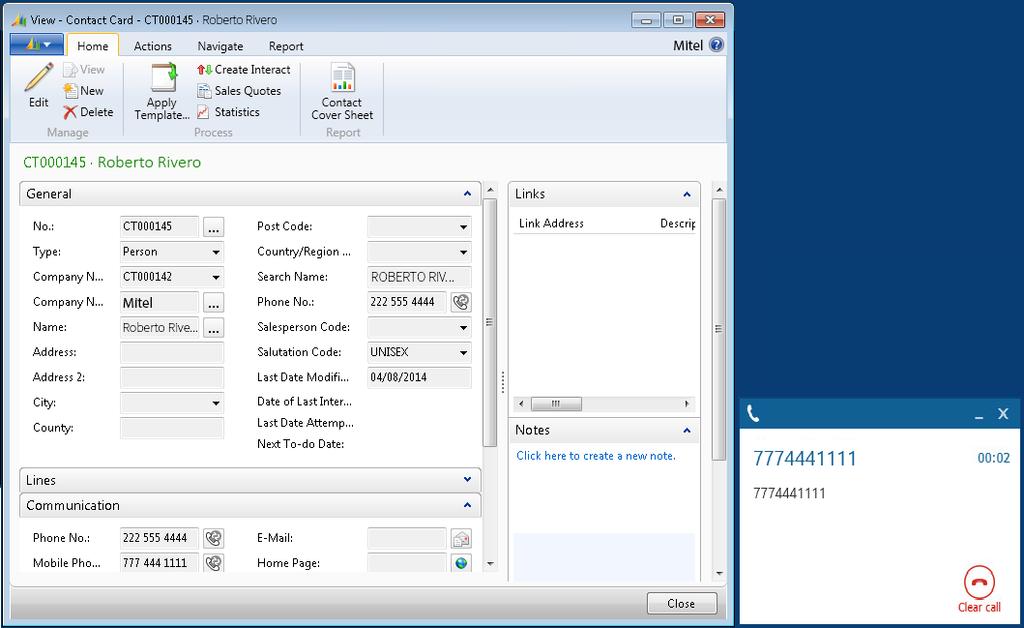 Mitel Phone Manager This example shows the Microsoft Dynamics NAV web client, the matching contact is