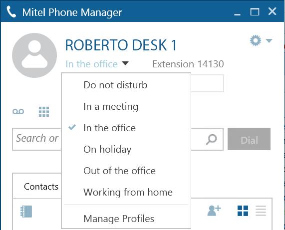 Mitel Phone Manager Selecting 'Manage Profiles; is a shortcut to edit the Presence Profiles in Settings.