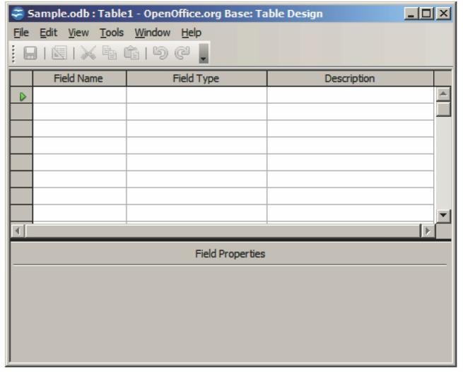 Click on Create Table in Design View option available under Tasks and a Table Design window appears as shown below.