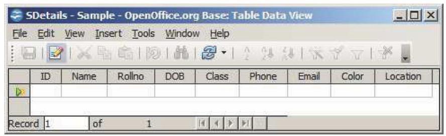 Figure 12 Start typing the records in the table with the data provided in the excel sheet and select File > Savecurrent record to save data in the table.