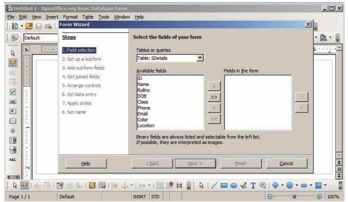 Figure 14 You can select selective fields to be sent onto the form by selecting the field name and clicking > button.