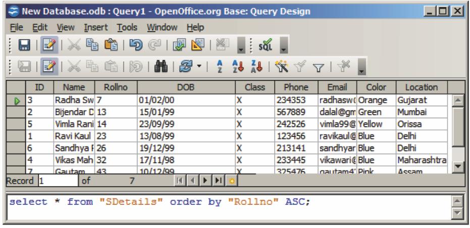 To view records in ascending order of RollNo, from the table the select statement will be: select * from SDetails order by Rollno ASC; Figure 29 You can add, modify or delete records using the
