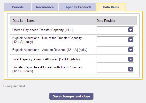 Figure 34 The list of available Data Items (filtered according to Allocation Type and Contract type) is available on Data Item tab.