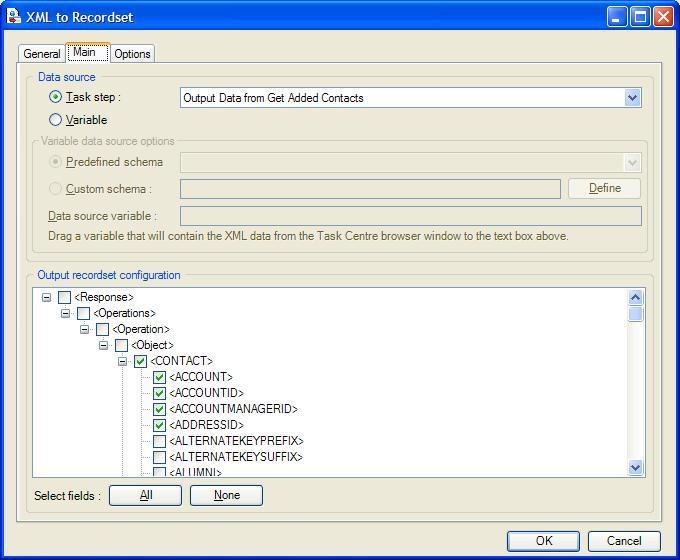 XML t Recrdset Tl Main The Main tab (Ref: Figure 4) is used t enter the XML schema details fr an XML t Recrdset Step.