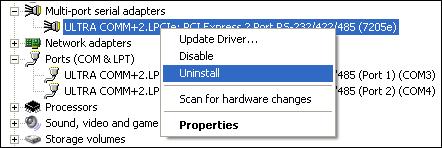 6. Right click on the entry for the ULTRA COMM+2.LPCIe device and click Uninstall in the fly out menu. 7.