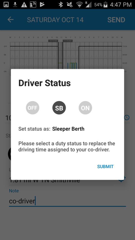 The record displays with the new status, and an orange bar plus a co-driving indicator icon.
