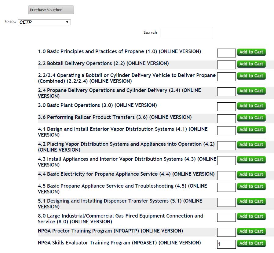 Step 3: From the Purchase page, type in 1 next to NPGA Skills Evaluator Program and click Add to