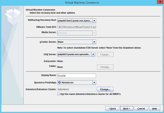Creating virtual machine from client backup Virtual machine creation from backup 231 Virtual Machine Options The next wizard page prompts you to provide VM conversion options and allows selection of