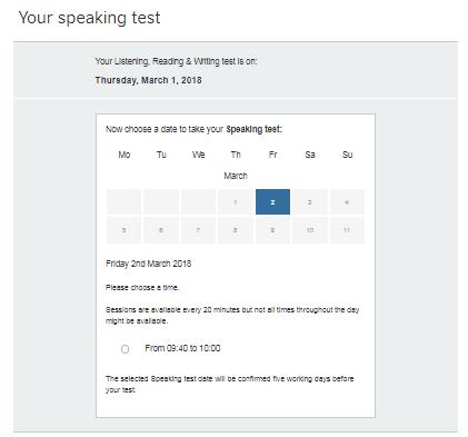 Select a suitable Speaking Test date for you and click on Continue booking.