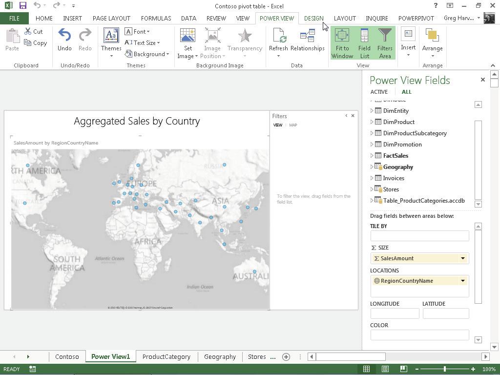 704 Using the PowerPivot and Power View Add-Ins Figure 2-19: Using the Map feature in Power View to compare sales by country.