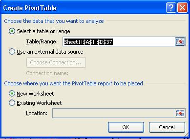 In the dialogue box select the default data which you previously selected is in the Table/Range textbox. You can select different cells by clicking the icon to the right of the Table/Range textbox.