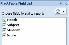 Now take a look at the Pivot Table Field List. It has tick boxes for Month, Subject, Student, and Score. These are column headings from the original spreadsheet data.