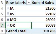 When you create a PivotTable that contains rows and sub-rows, you ll notice boxes next to the row data that indicates there are multiple levels, as shown in the following image.