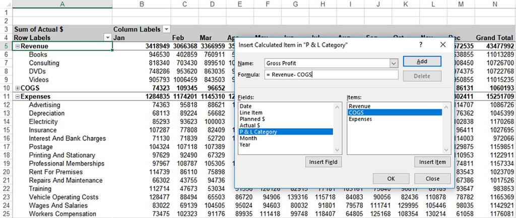 MASTERING MICROSOFT EXCEL PIVOTTABLES Completing a PivotTable Report With Custom Calculate Items Once you ve built your report, you might want to insert some calculated items like Gross Profit and