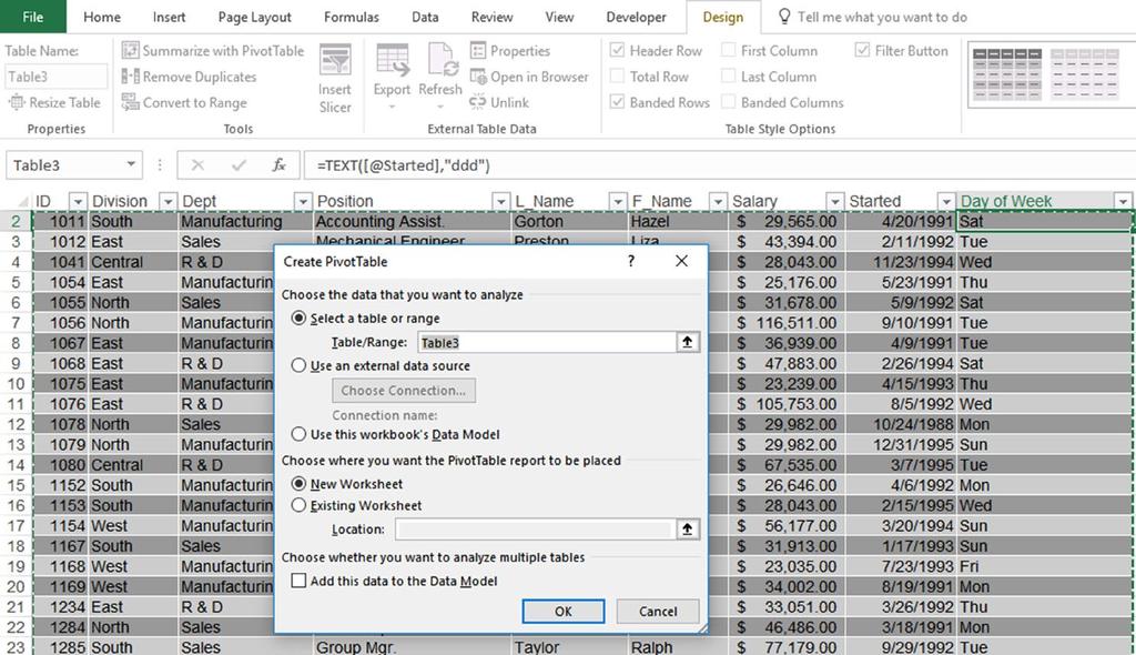 PARTICIPANT NOTEBOOK Creating a PivotTable On Your Own Rather than use the Quick Analysis tool and its predefined PivotTable reports, you can simply put your cursor in the table and use the Summarize