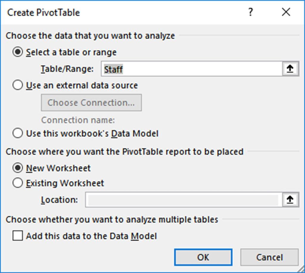 MASTERING MICROSOFT EXCEL PIVOTTABLES The Create PivotTable dialog box is divided into two sections one for input and one for output.