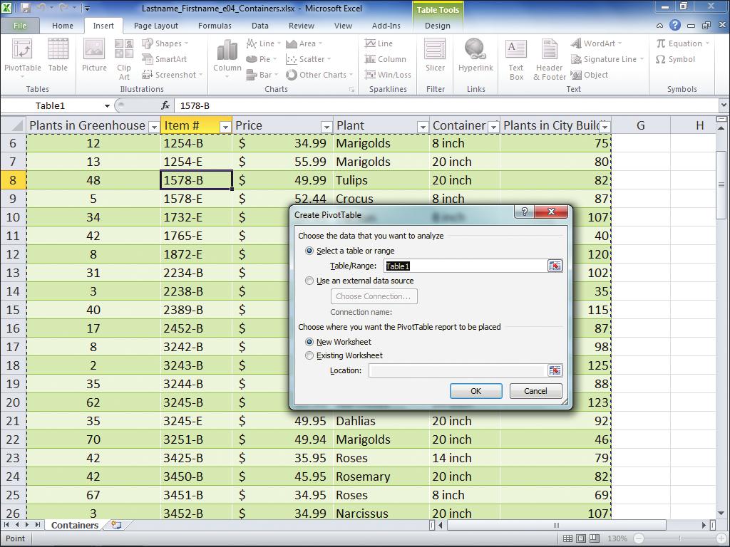 2. Click any cell in the Excel table. On the Insert tab, in the Tables group, click the PivotTable button. Compare your screen with Figure 1.