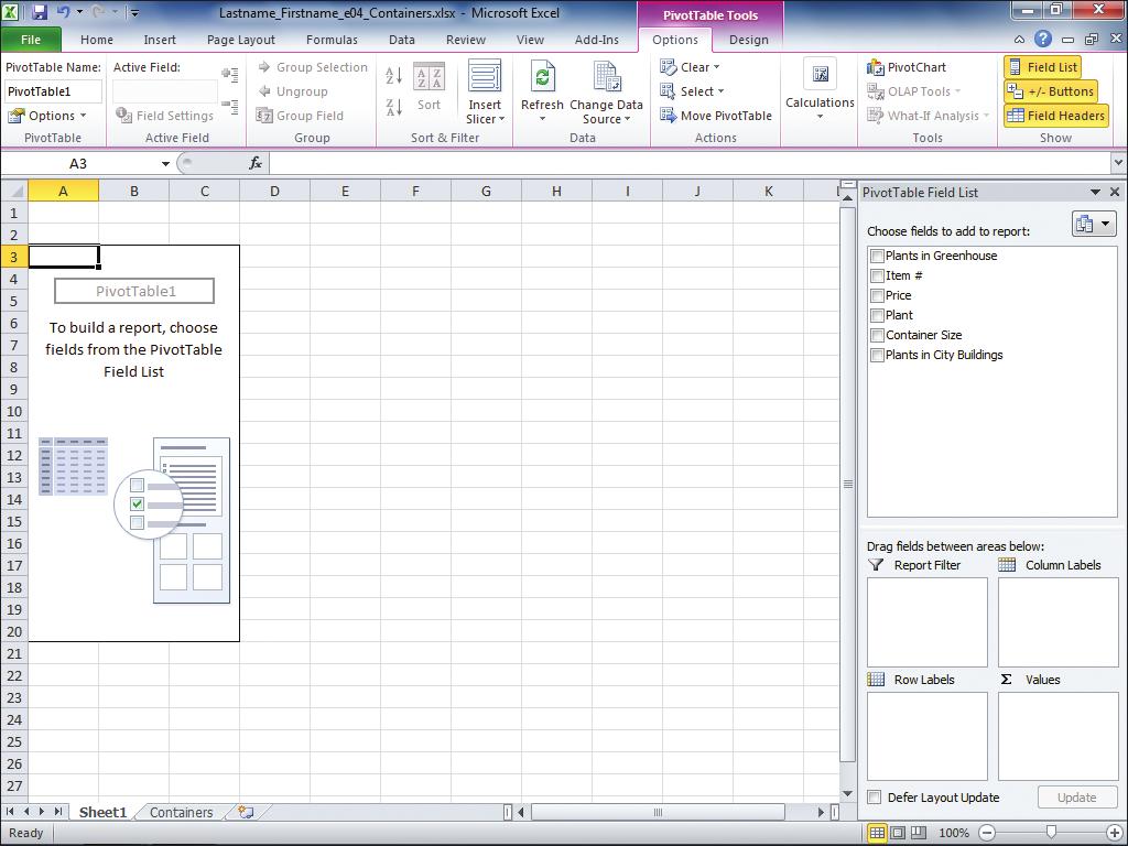 3. In the Create PivotTable dialog box, click OK to create a new worksheet with a PivotTable layout area and the PivotTable Field List pane displayed as shown in Figure 2.