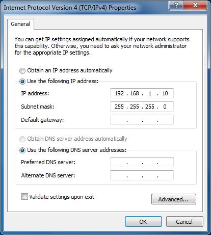 press Enter). 6. In the Properties dialog, select Use the following IP address and then enter the following for the IP address, Subnet mask, and Gateway. IP address 192.