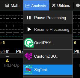 QPHY-USB3.1 TX-RX Instruction Manual Appendix C: Using SigTest Manager When the QPHY-PCIe software option is activated on the oscilloscope, the SigTest manager is enabled in the Analysis menu.