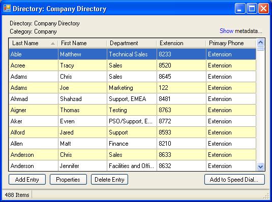 This dialog displays a "page view" of contact directory entries. You can add, remove, and display the properties of individual entries, or add entries to a speed dial directory on the server.