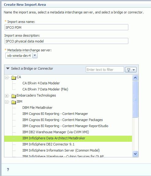 Figure 1. Parameters for the Create New Import Area screen 4. In the File location field, select Metadata interchange server. 5.