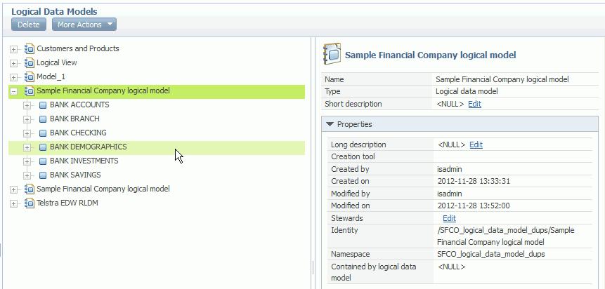 Expand both Sample Financial Company logical model files and look for the logical data model that has the namespace SFCO_logical_data_model_dups in the Properties section.