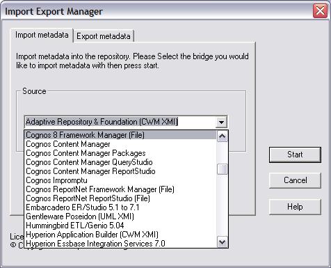 Infosphere Import Export Manager Features Import capabilities for 3 rd party BI tools (Cognos, Business Objects, MicroStrategy), data modeling tools (ERwin, RDA) and databases (ODBC connections to