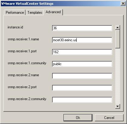 VirtualCenter Settings window, select the Advanced tab. Change the value of snmp.receiver.1.name to the hostname or IP address of the IBM Director Server.