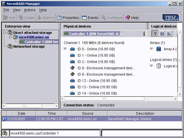 Figure 37 ServeRAID Manager The Capacity Manager Task, one of the IBM Director Extensions, enables capacity planning through trending, forecasting, and bottleneck