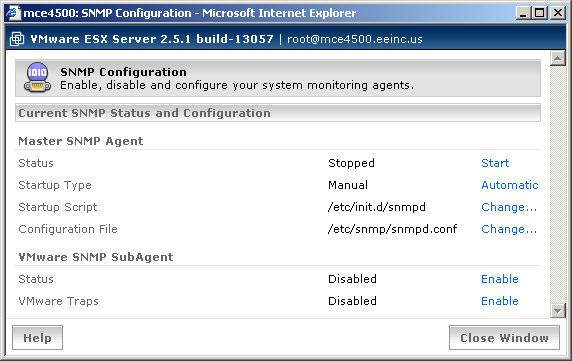 Figure 2 SNMP Configuration Under Master SNMP Agent, set the Startup Type to Automatic. Under VMware SNMP SubAgent, set the Status to Enable. Also set VMware Traps to Enable.