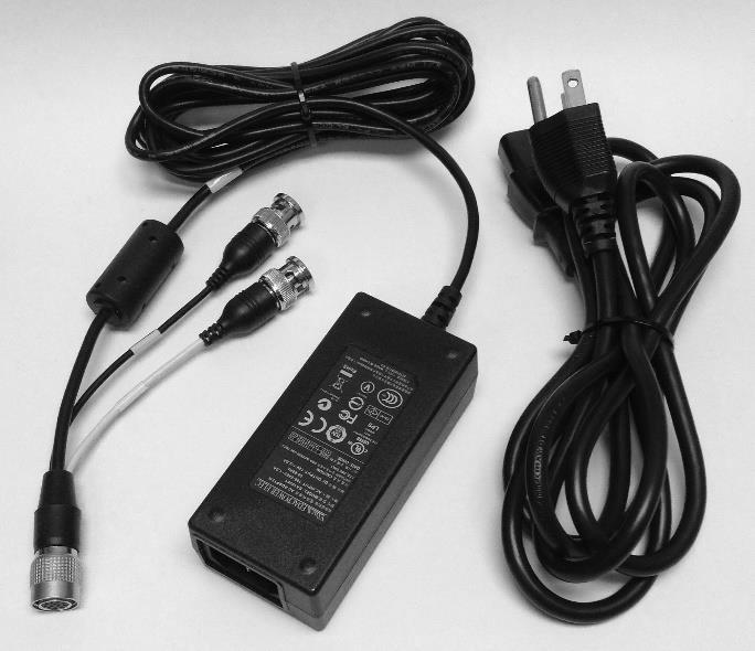 terminates in a female HIROSE plug #HR10A-10P-12S (73). The PS12V04A includes connectors for trigger (black wire) and strobe (white wire). Figure 3: PS12V04A power supply (ordered separately).