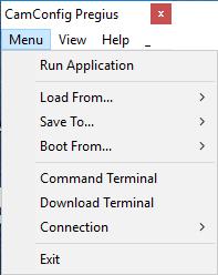 1 Menu The Menu provides access to load options, settings, the command terminal, and more. Run Application Figure 16: Menu options.