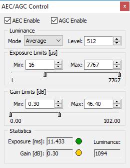 Figure 27: AEC/AGC Control. AEC Enables: Select the check box to enable AEC. AGC Enables: Select the check box to enable AGC. Luminance: Sets the desired luminance level to be maintained in the image.