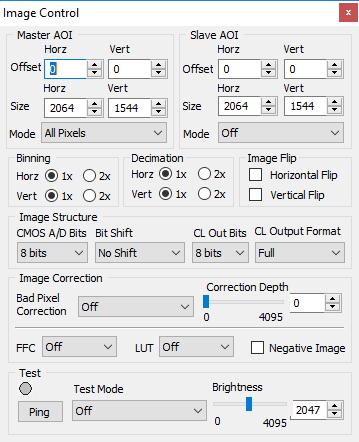 3.9 Image Control The Image Parameters panel lets you configure the camera for your specific application, including Master Area of Interest (MAOI), Slave Area of Interest (SAOI), binning, image