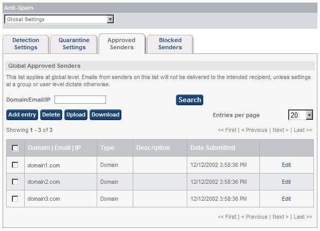 Anti-Spam / Using Approved Senders & Blocked Senders Lists Page 31 of 34 7.2. Defining Global Lists Global lists are defined in ClientNet first, select Global Settings from the domains drop-down list.