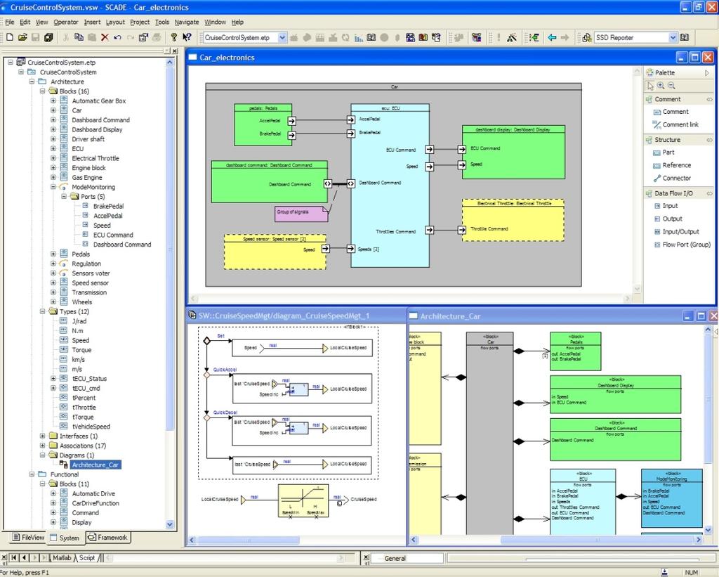 Figure 5 shows the resulting IDE with SysML Block Definition Diagrams and Internal Block Diagrams in the same framework as SCADE Suite diagrams.