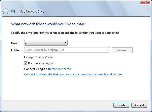 Figure 4: Mapping a drive to the data folder on the server makes it easy to connect to the company files.