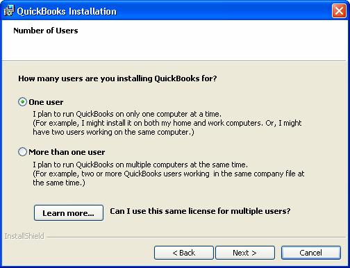 Figure 5: Select single computer or multi-computer installation. One User. This option means one computer/user at a time.