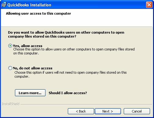 Figure 9: For installation on a data file server, specify that other network users can access the company files you store on this computer.