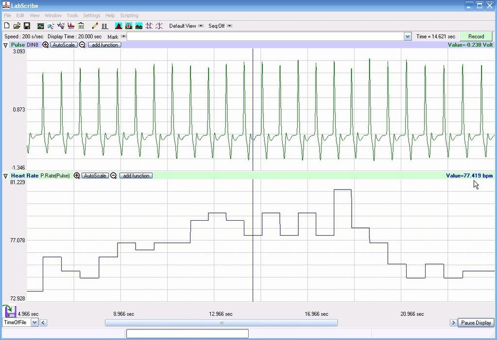 Figure 1-3: The LabScribe Main window (with computed rate channel added). Connect the Hardware The output from a pulse plethysmograph will be used as a signal source for this exercise. 1. Plug the pulse plethysmograph (PTN-104) into Channel 3's mini-din input (Figure 1-4).