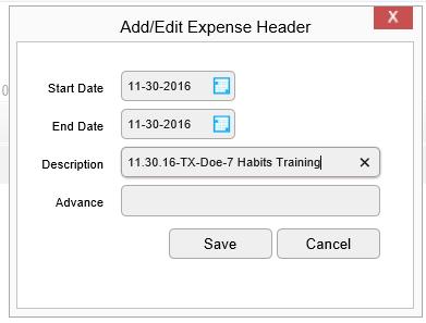 5 Starting a New Expense Report cont d Select your START DATE and END DATE (Note: for one day trips, these will be the same date) Leave the ADVANCE field empty Enter your DESCRIPTION in the following