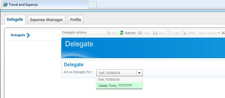 Navigation Delegate Tab Selecting the Traveler 1. Click on the Delegate tab. 2. Next to Act as Delegate For, click on the dropdown menu. 3. Select the Traveler s Name. 4.